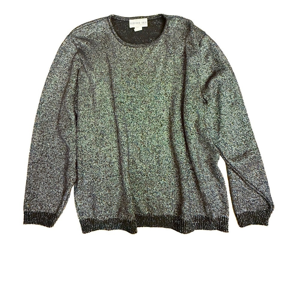 Vintage Bedford Fair Lifestyles Metallic Silver Black Knit Sweater Womens 2X USA